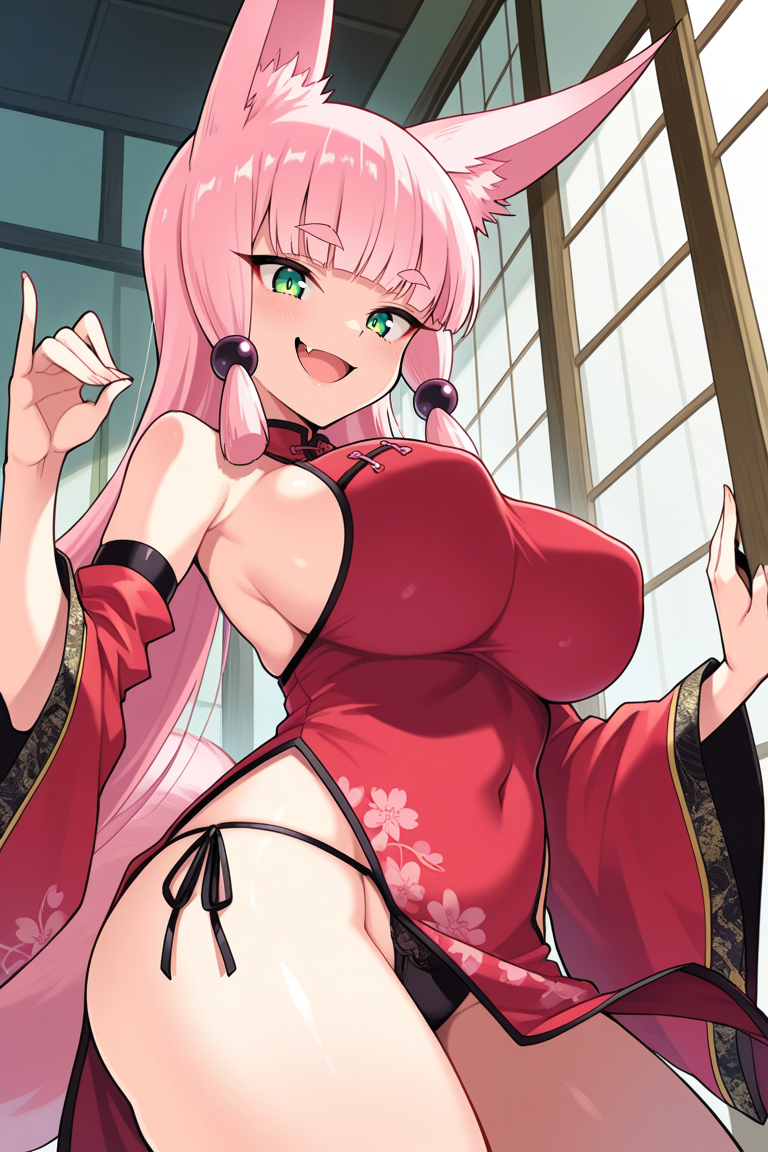 masterpiece , source_anime, breasts, animal ears, 1girl, solo, , long hair, tail, , blunt bangs, , green eyes, armpits, bangs, detached sleeves, , fox ears,, , fox tail, , large breasts, pink hair, side-tie panties, , wide sleeves, fang, very long hair, smile, open mouth, red dress