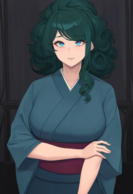 masterpiece, best quality,1girl,hand on own arm, medium breasts, mature female,big hair,curly hair,asymmetrical sidelocks,dark green hair, blue eyes,kimono,hangar <lora:metal owl (aden12)-Style-vpred-glora-V1.1:1>