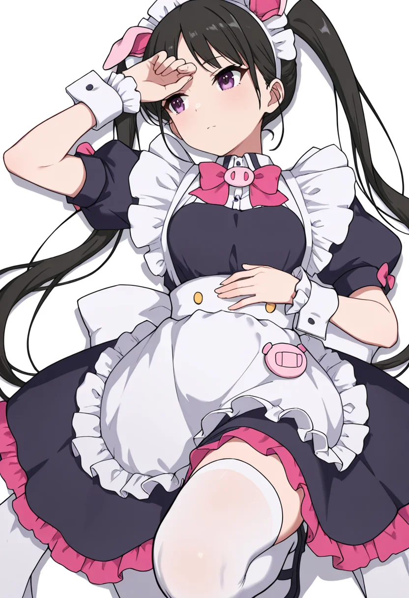 Smooth Quality,masterpiece,very intricate, high quality details, ultra realistic, high detailed skin,detailed enviorement,absurdres,
<lora:Hiiragi_Yume_Yumechi_CNR:1> hiiragi_cnr, black hair, long hair, twintails, purple eyes,fake animal ears, pig ears, hiiragi_maid_cnr,maid, maid headdress, maid apron, frilled apron, black dress, puffy short sleeves,white thighhighs, black footwear,fingerless gloves,white wrist cuffs,pink bowtie, frills,, simple background, white background, from above,solo,
lying supine, one knee up, arm draped over forehead, other hand on stomach ,, :|,