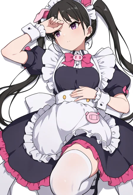 Smooth Quality,masterpiece,very intricate, high quality details, ultra realistic, high detailed skin,detailed enviorement,absurdres,
 <lora:Hiiragi_Yume_Yumechi_CNR:1> hiiragi_cnr, black hair, long hair, twintails, purple eyes,fake animal ears, pig ears, hiiragi_maid_cnr,maid, maid headdress, maid apron, frilled apron, black dress, puffy short sleeves,white thighhighs, black footwear,fingerless gloves,white wrist cuffs,pink bowtie, frills,, simple background, white background, from above,solo,
lying supine, one knee up, arm draped over forehead, other hand on stomach  ,, :|,