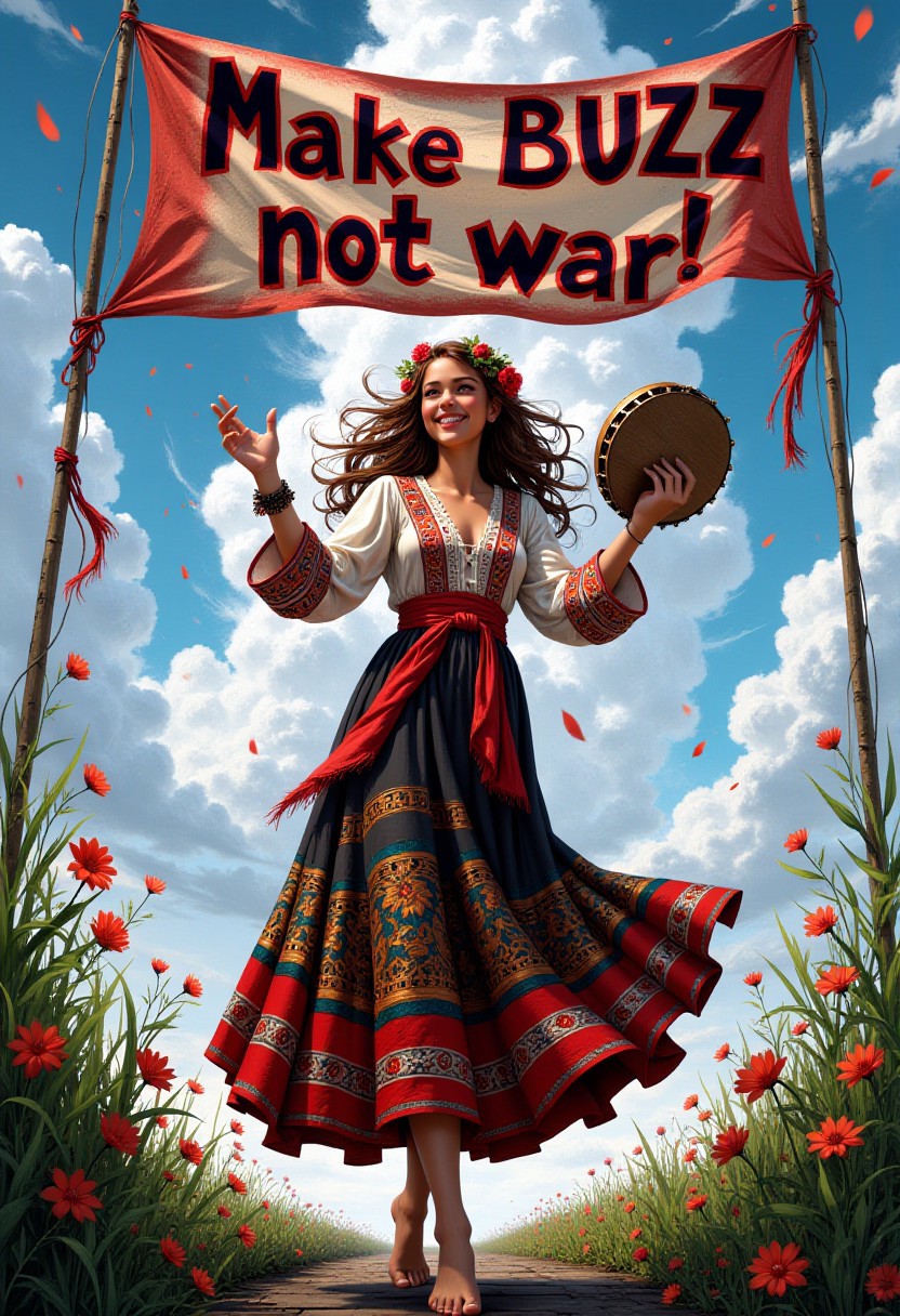 masterpiece absurdres, HDR , mythp0rt,  midjourneyv6.1, source_cartoon ,1girl,  hippie girl, 22yo, happy, long embroided skirt , embroided shirt  , barefoot, long hair, flower wreath, holding tambourine, dancing,
under big banner with  text;"Make BUZZ, not war!",