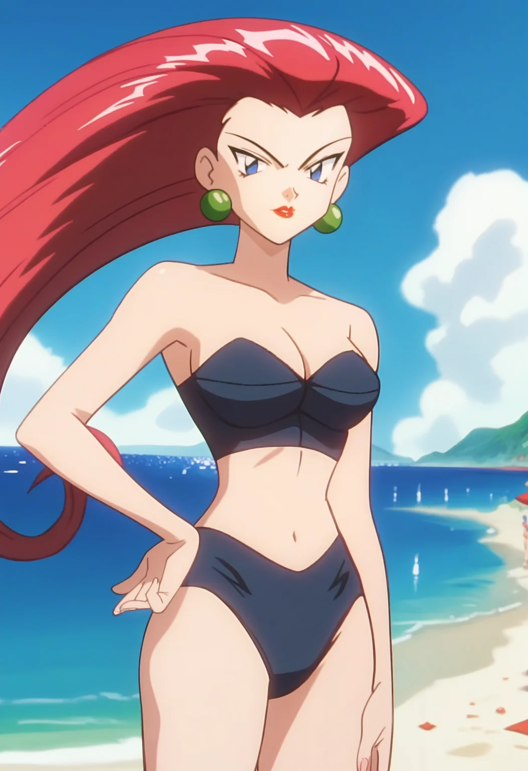 score_9, score_8_up, score_7_up, score_6_up, anime screencap, anime coloring, <lora:PMJessieV2:0.9>, PMJessie, red hair, long hair, blue eyes, lipstick, earrings, 
strapless bikini, black bikini,
standing, looking at viewer, hand on own hip, cowboy shot, 
BREAK day, blue sky, sunlight, sunbeam, beach,