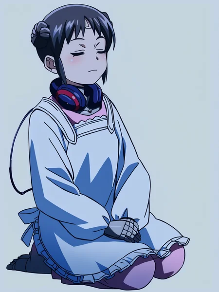 score_9, source_anime, masterpiece, best quality, (white background:1.3), <lora:Mina_PDXLv0:0.8> 1girl, mina, double braided bun, short hair, neck charger, dress, white apron, seiza, sitting, closed eyes, full body,