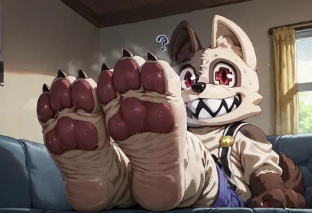 score_9, score_8_up, score_7_up, detailed background, high quality, high res, furry, 5 fingers, (3 toes), Shuichi, dog, sharp teeth, brown tail, stitches, odd pupil, red eyes, black nose, black x on belly, chubby, male, animal ears, white and brown body, 1boy, 2d, furry male, furry, solo, purple overalls, relaxed, sitting on couch, looking at viewer, inside, ?, confused expression, paws, pawpads, ((feet in viewers face, feet towards viewer, feet focus, foot fetish, sweaty feet, musk clouds))