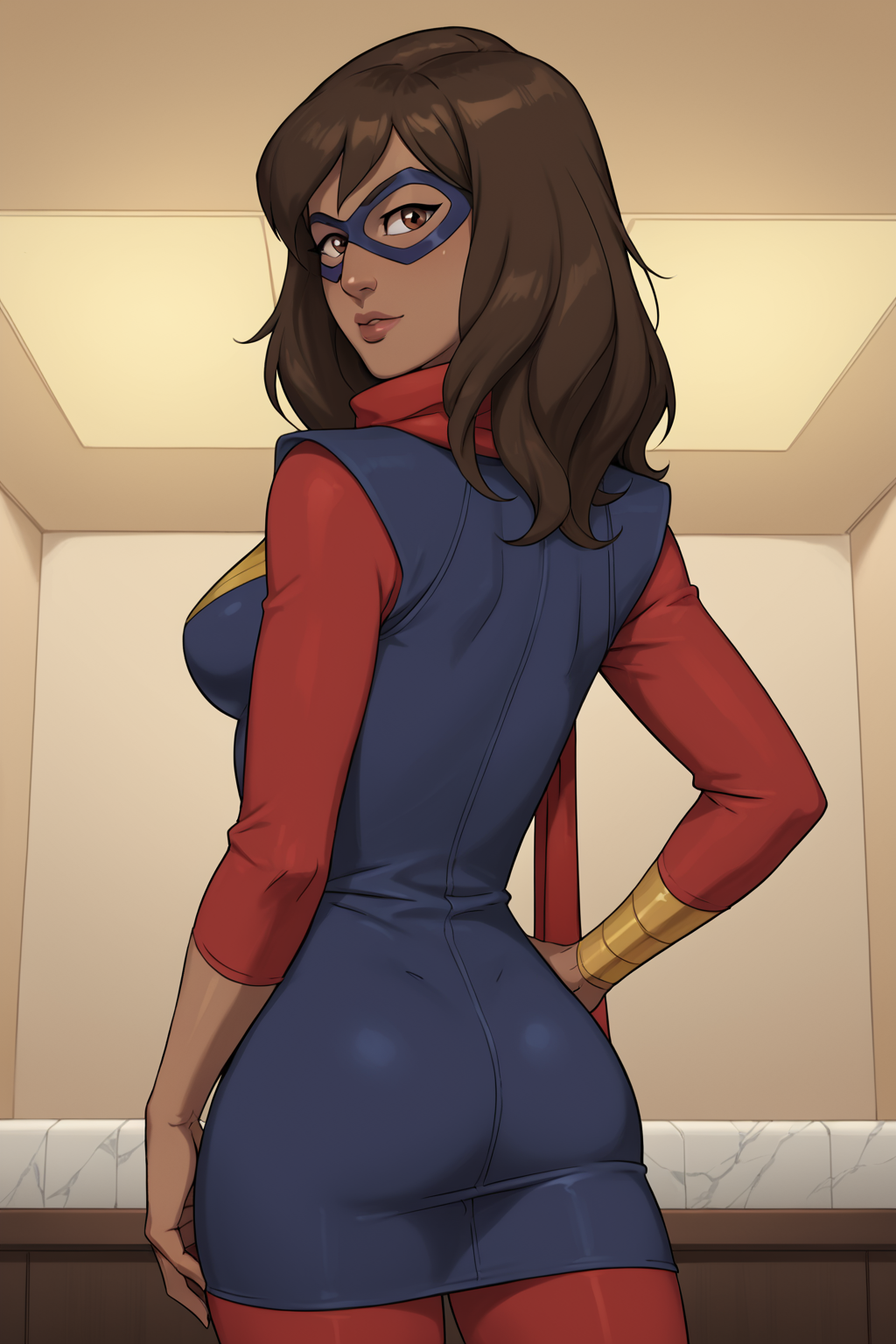 PonyXLV6_Scores BREAK (((parody, animification)), perfect anatomy, perfect eyes, (cowboy shot)), <lora:add_details_xl:0.8> BREAK <lora:Ms._Marvel_-_Marvel_Animation:0.8> kamala khan, brown hair, long hair, dark-skinned female, brown eyes, flirting, raised eyebrow, ((looking back at viewer)), mask, domino mask, scarf, superhero, bodysuit, dress, red pantyhose, large breasts, curvy, toned, athletic, seductive pose, hands on hip, indoors
