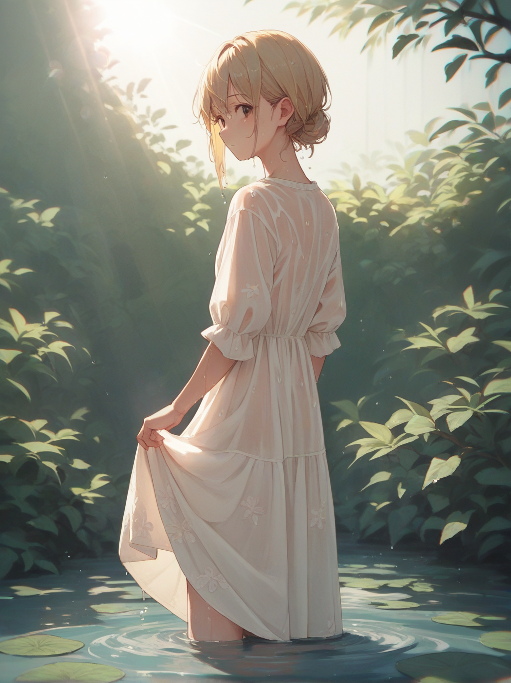 score_9, score_8_up, score_7_up, score_6_up, source_anime, <lora:linen_dress_v0.1-pony:1> 
1girl, linen dress,
blonde hair, brown eyes, 
cowboy shot, wading, dress lift, wet, looking back, see-through silhouette, sunlight, light rays, bloom, lens flare, dark,