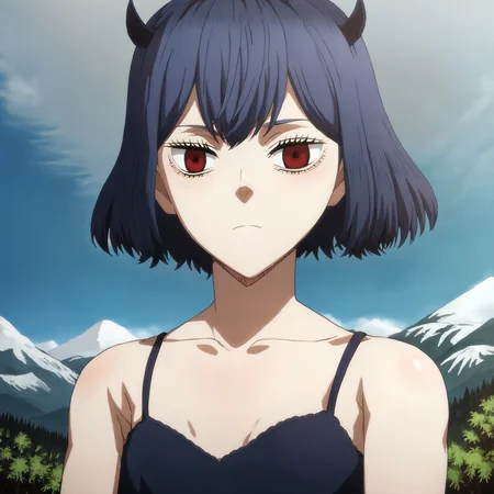 highres, sharp focus, pixiv masterpiece, highly detailed, 1girl, small_breasts, nero-dress, Secre_Swallowtail_XL, source_anime, score_8_up, score_7_up, score_9, <lora:Secre_Swallowtail_PonyXL_v19-000001:1> , eyelashes, looking at viewer, headshot, forest, mountain, from below, sky,