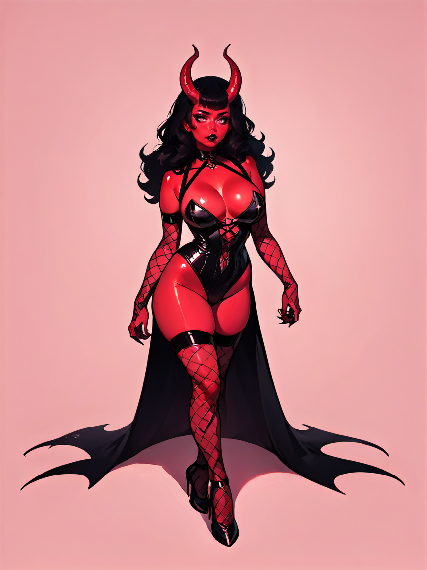 score_9, score_8_up, score_7_up, score_6_up, score_5_up, score_4_up,  <lora:d3v1lg1rlXLP2:0.7> d3v1lg1rl, black hair, makeup, colored skin, demon girl, demon horns, r3d skin, full body, pink background,