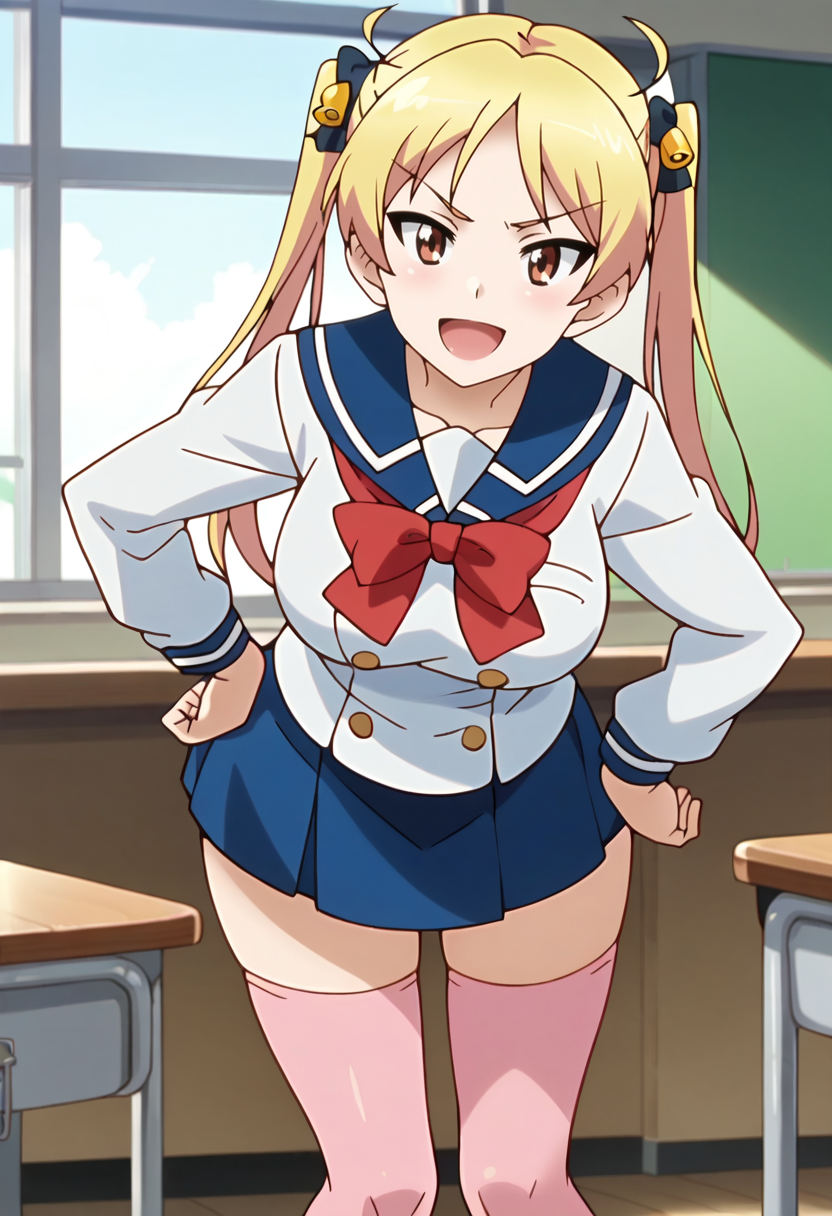 score_9, score_8_up, score_7_up, hd, (ultra hd quality details), indoors, source_anime,
solo, 1girl, suzunokirinb, twintails, hair bell, large breasts, anime screencap,
school uniform, serafuku, long sleeves, bowtie, untucked shirt, blue skirt, pink thighhighs,
looking at viewer, smile, open mouth,
leaning forward, standing, hand on hip,
<lora:_suzunoki_rin-elesico-pony-v1-08:0.9>