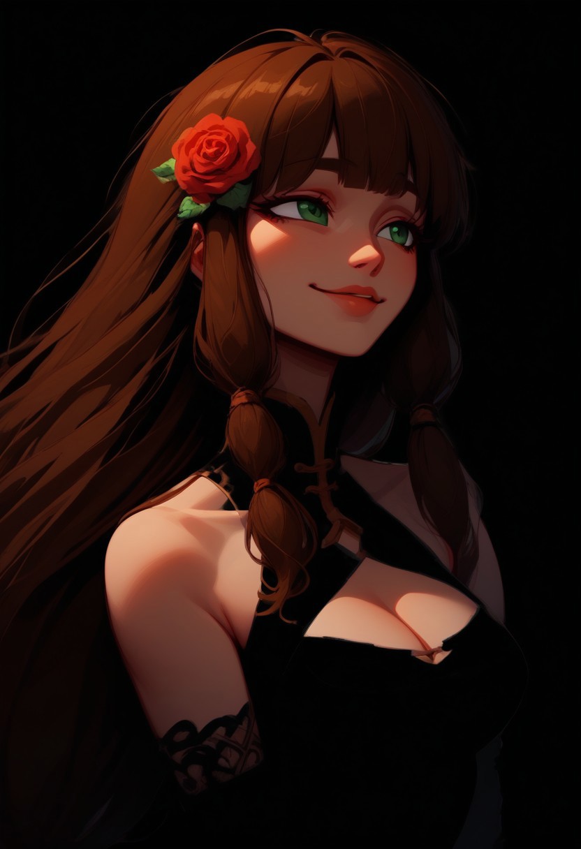 (Blend_in, black background), score_9, score_8_up, score_7_up, masterpiece, (high contrast, sidelightning, straight-on, upper body), mature, stunning, eye_focus, 1girl, solo, imtdlilaross, long hair, low-tied long hair, green eyes, blunt bangs, brown hair, rose (flower) hair ornament, hair tubes, black china dress, halter neck, cleavage cutout, bare shoulders, black lace-trimmed elbow gloves, (black clothes:1.5), smile, looking away, rose (floser), holding, hand up
