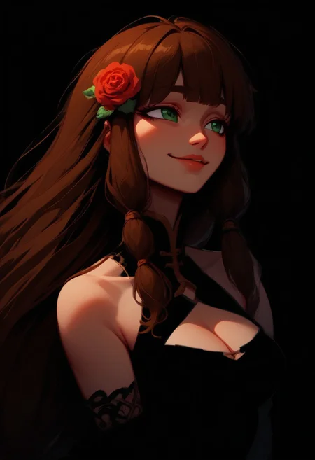 (Blend_in, black background), score_9, score_8_up, score_7_up, masterpiece, (high contrast, sidelightning, straight-on, upper body), mature, stunning, eye_focus, 1girl, solo, imtdlilaross, long hair, low-tied long hair, green eyes, blunt bangs, brown hair, rose (flower) hair ornament, hair tubes, black china dress, halter neck, cleavage cutout, bare shoulders, black lace-trimmed elbow gloves, (black clothes:1.5), smile, looking away, rose (floser), holding, hand up