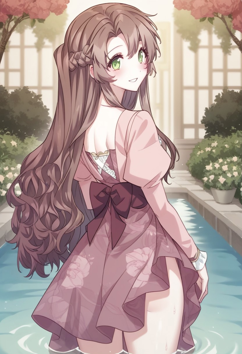 zPDXL3, score_9_up, score_8_up, score_7_up, (Anime_source), 1girl, ChloeBattenberg, green eyes, brown hair, long hair, Mother clothes, half updo, braid, (looking back), standing, looking at viewer, blush, shy smile, parted lips, night, garden, partially submerged, wet bare legs