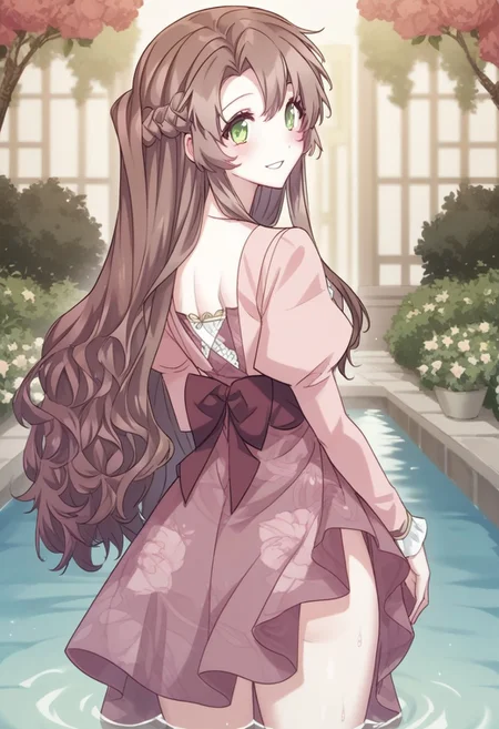 zPDXL3, score_9_up, score_8_up, score_7_up, (Anime_source), 1girl, ChloeBattenberg, green eyes, brown hair, long hair, Mother clothes, half updo, braid, (looking back), standing, looking at viewer, blush, shy smile, parted lips, night, garden, partially submerged, wet bare legs