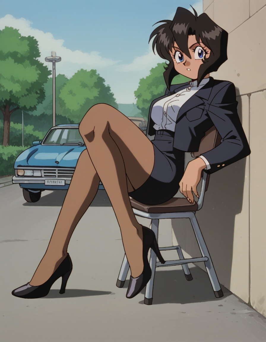 zPDXL, score_9, score_8_up, score_7_up, source_anime, 8k, absurdres, 1990s \(style\), retro artstyle, anime coloring, 
1girl, solo, <lora:Gunsmith_v3-20:1> gnsmth, rally, dark-skinned female, black hair, blue eyes, short hair, black jacket, office lady, pencil skirt, black skirt, pantyhose, high heels, looking at viewer,