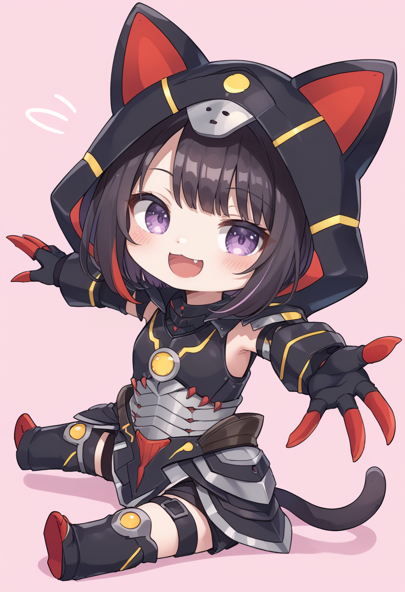 (score_9:0.9),score_8_up,score_7_up,rating_safe,anime style,(zPDXL),<lora:Almudron armor ponyXL v1:0.73>, 1girl, solo, purple eyes, black mechanical cat tail, pink background, chibi, smile, black cat hood, simple background, outstretched arms, blush, :d, virtual youtuber, looking at viewer, open mouth, black hair, multicolored hair, full body, cosplay, sitting, almudron armor, black thigh armor, black knee boots, black claw gauntlets, full armor