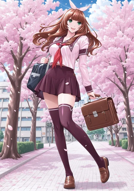 ultra-detailed,detailed face,
score_9, score_8_up, score_7_up, source_anime,(extremely detailed CG), (best quality), brown hair, green eyes, hotel,hair bow,1girl,large breasts, slender waist ,miniskirt,long legs, school uniform, solo, thighhighs, skirt, serafuku, bag, long hair, hair bow, smile, bow, pleated skirt, shoes, petals, open mouth, cherry blossoms, tree, school bag, bangs, hair ribbon, chitosen