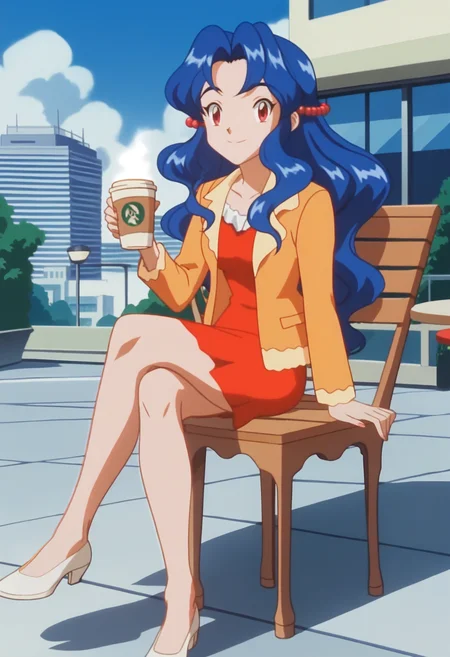 score_9, score_8_up, score_7_up, score_6_up, anime screencap, anime coloring, 1girl, solo, <lora:PMSensationalSisters_epoch_10:0.8>, PMViolet, blue hair, long hair, wavy hair, hair bobbles, red eyes,
orange jacket, red short dress, white shoes,
smile, looking at viewer, holding, coffee cup, crossed legs, 
BREAK outdoors, cafe, sitting, on chair, day, sunbeam, city,