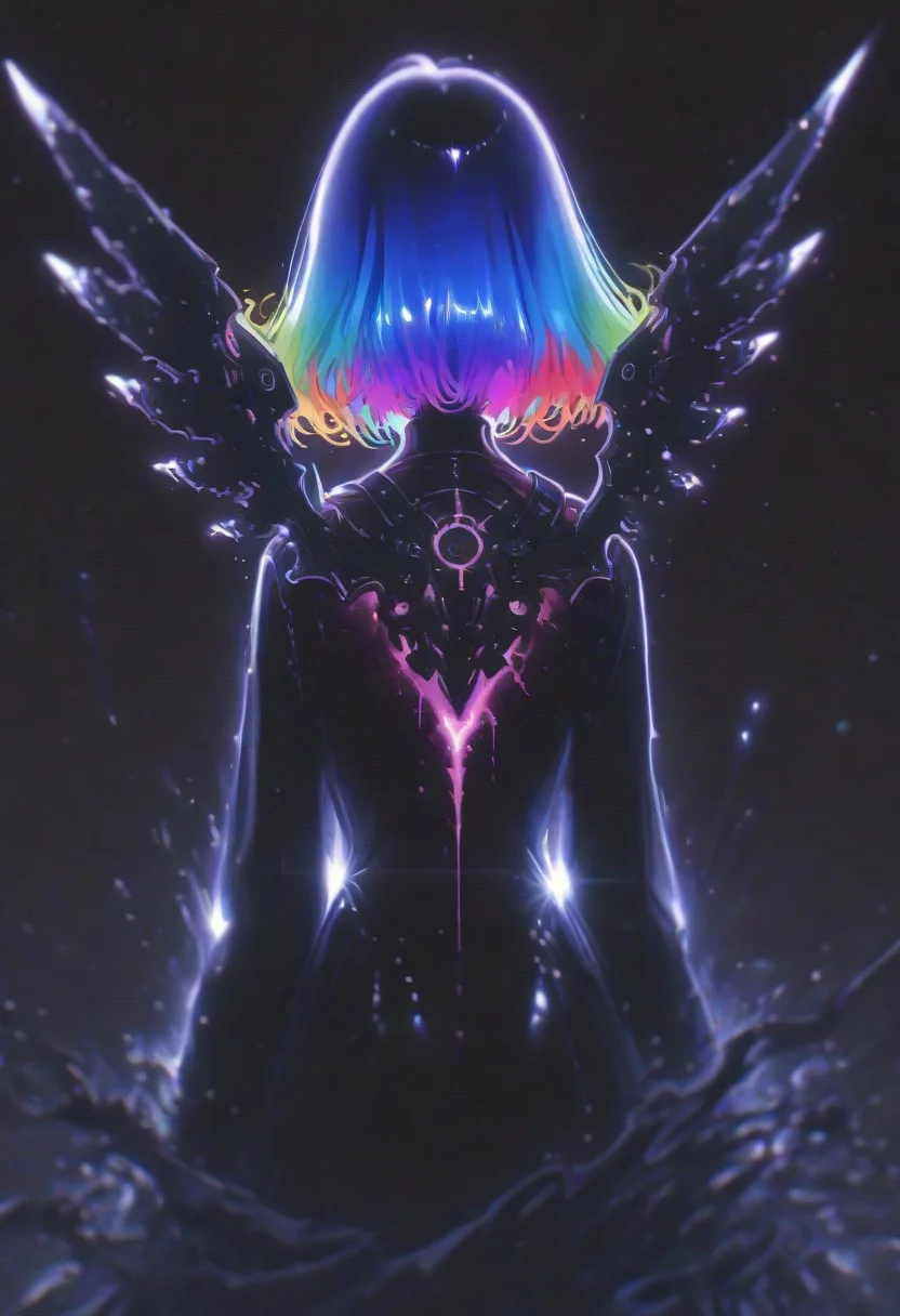 very awa,  (taro-k:0.5), (opossumachine:0.3), (maccha \mochancc\:0.25),  xxx667_illu, 15546+456868,  1girl, extremely long rainbow hair, floating hair in a black void, facing away, shiny steel mechanical wings,from behind,  no lineart, realistic, blurry,  masterpiece, best quality, newest, absurdres, very aesthetic, newest,