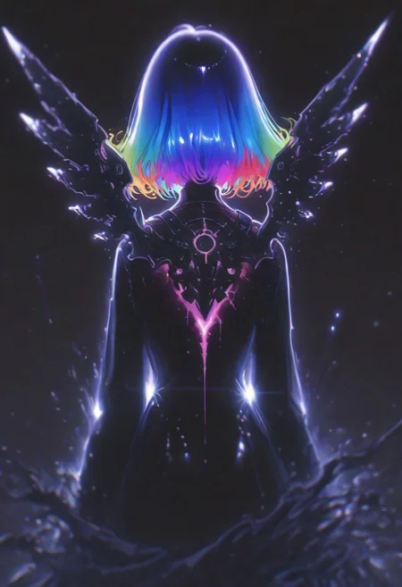 very awa, (taro-k:0.5), (opossumachine:0.3), (maccha \mochancc\:0.25), xxx667_illu, 15546+456868, 1girl, extremely long rainbow hair, floating hair in a black void, facing away, shiny steel mechanical wings,from behind, no lineart, realistic, blurry, masterpiece, best quality, newest, absurdres, very aesthetic, newest,