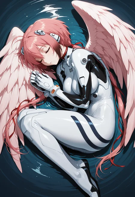 masterpiece, best quality, highres, absurdres, very awa, 1girl, solo, ik4ros, robot ears, pink hair, low twintails, large breasts, feathered wings, pink wings, plugsuit, interface headset, skin tight, pilot suit, science fiction, water, partially submerged, afloat, shallow water, ripples, fetal position, plantar flexion, on side, lying, curled up, ahoge, very long hair, sleeping, closed eyes