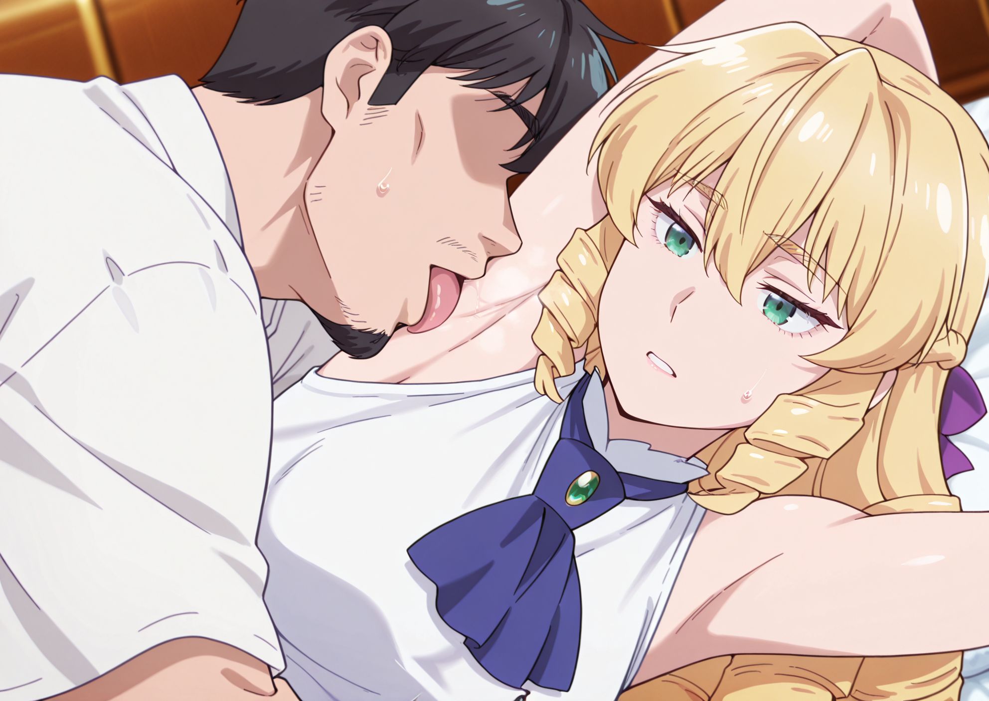 masterpiece, best quality, newest, absurdres, highres, detailed eyes, beautiful, detailed background, perfect eyes, anime coloring, anime screencap,
<lora:Armpit_sex:1>Armpit_sexV1, 
arm up,licking armpit,licking,armpits,tongue,tongue out,
hetero,1girl,1boy, lying,(on side),from side, looking at another, moaning, 
heavy breathing, 
BREAK
 1girl, looking at viewer, gradient background,   grace auvergne (akuyaku reijou tensei ojisan), long hair, blonde hair, drill hair, braid, hair ribbon, hair between eyes, green eyes, school uniform, white shirt blue ascot, jewelry, <lora:grace_auvergne-akuyaku_reijou_tensei_ojisan_s1_v2-ixl-anime-soralz:1>
 sleeveless, 
BREAK
Beard, Goatee, faceless male, fat,ugly,old,