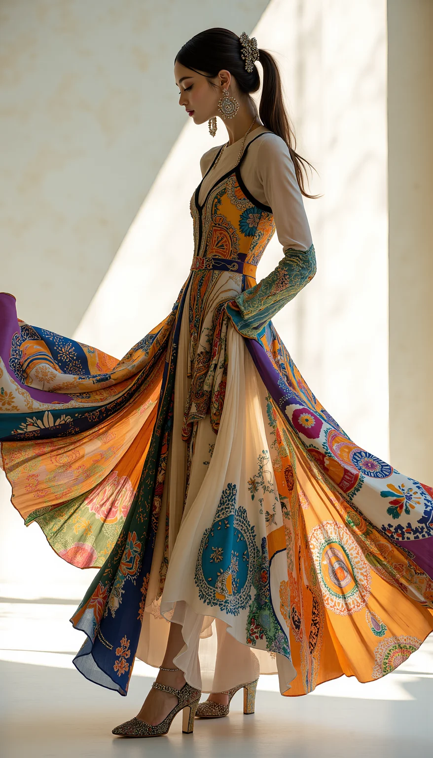 A fashion-forward model in a stylish, flowing dress, embodying a fusion of traditional elegance and contemporary design. The dress features intricate patterns with a blend of vibrant colors and subtle pastels, creating a dynamic contrast. The modelâs pose is powerful yet refined, with a chic, minimalist backdrop highlighting the sophistication of the look. The interplay of light and shadow emphasizes the textures and movement of the fabric, enhancing the overall visual impact, midjourney_whisper_avant_couture, <lora:midjourney_whisper_avant_couture_v01:1>,