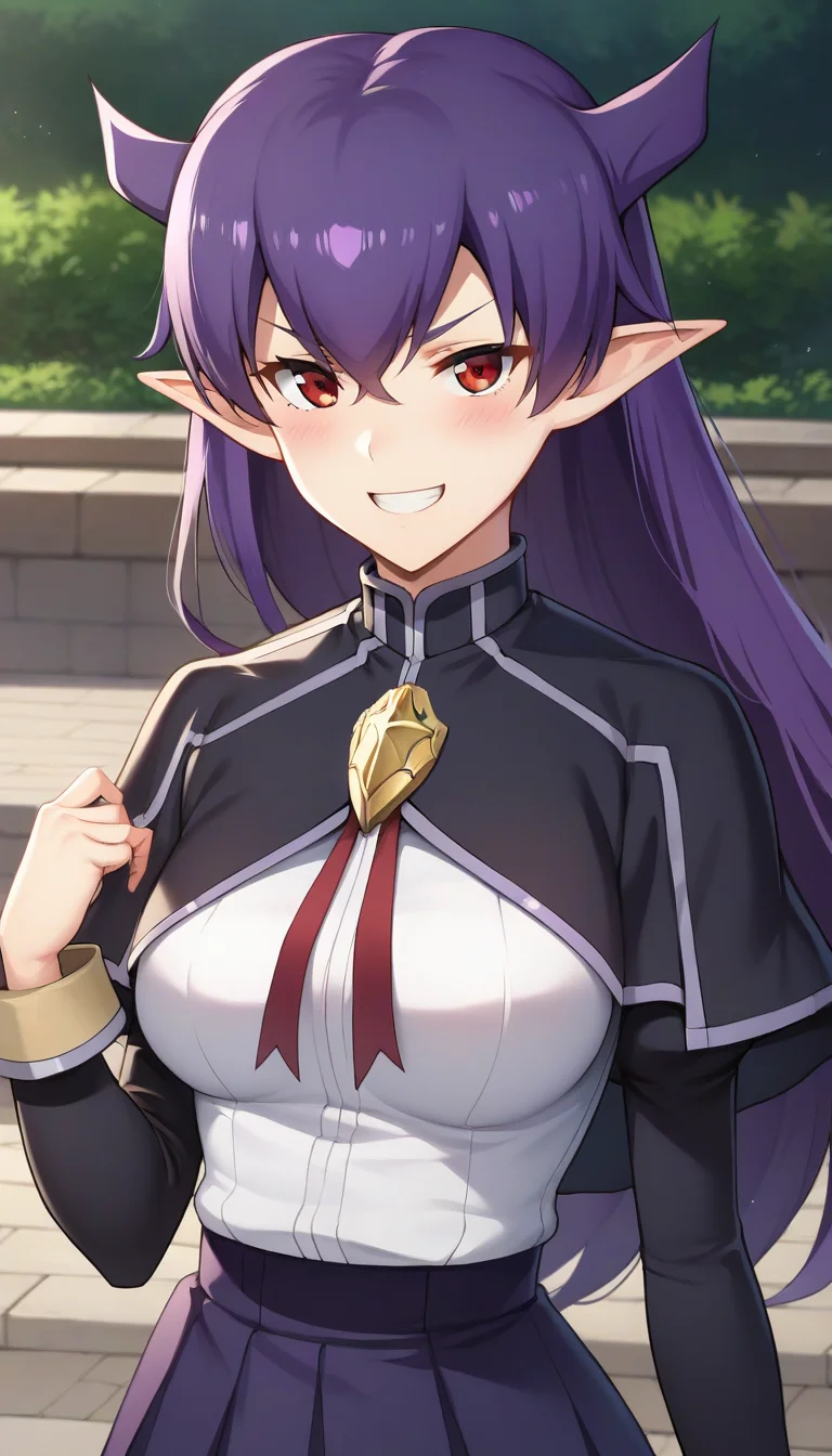 score_9,score_8_up,masterpiece,best quality,correct anatomy,anime_source,1girl,solo,perfect eyes,perfect arms,perfect legs,perfect face,outdoors,upper body,(portrait:1.5),looking at viewer,facing viewer,evil smile,blush,Maria,horns,long hair,purple hair,pointy ears,hair between eyes,parted bangs,v-shaped eyebrows,red eyes,grin,school uniform,black capelet,long sleeves capelet,brooch,choker,red ribbon,turtleneck shirt,white shirt,juliet sleeves,puffy sleeves,medium breasts,skindentation,miniskirt,purple skirt,pleated skirt,black socks,loafers,<lora:Maria(ek)-Pony:1.6>,