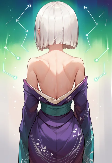 score_9, score_8_up, source_anime, 1girl, solo, GinaBoyd, short hair, bob cut, white hair, aurora, back, bare back, bare shoulders, constellation, from behind, kimono, light particles, long sleeves, off shoulder, <lora:ChamGinaBoydPonyXL:1>
