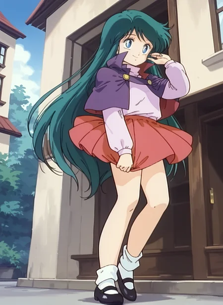 score_9,score_8_up,score_7_up,source_anime,anime,nsfw,rating_explicit,uncensored,High quality,Ultra detailed,best quality,insanely detailed,beautiful,masterpiece,perfect lighting BREAK
<lora:ayanokoji_remu_V1:1>,(ayanokoji_remu, very long hair,sidelocks, green hair, blue eyes,capelet,purple capelet,high collar,miniskirt,pleated skirt,red skirt,long sleeves,turtleneck,shirt,white socks,socks,mary janes,shoes,retro artstyle, 1980s (style)),1girl,solo,arched_back,from_below,looking_at_viewer,smile,outdoors,day,full body,
