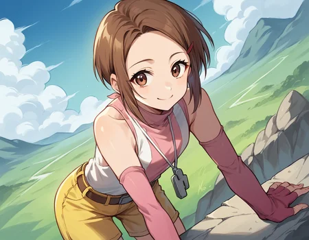 score_9, score_8_up, score_7_up, source_anime,
hikariyagami, <lora:hikari-yagami-ponyxl-lora-nochekaiser:1>,
hikari yagami, brown hair, brown eyes, hair clip, forehead,
detached sleeves, gloves, fingerless gloves, shirt, pink shirt, white shirt, two-tone-shirt, sleeveless, bare shoulders, belt, short, yellow shorts, whistle, pink sleeves, pink gloves, turtleneck,
landscape, bent over, smile,
looking at viewer, cowboy shot, solo, dutch angle,