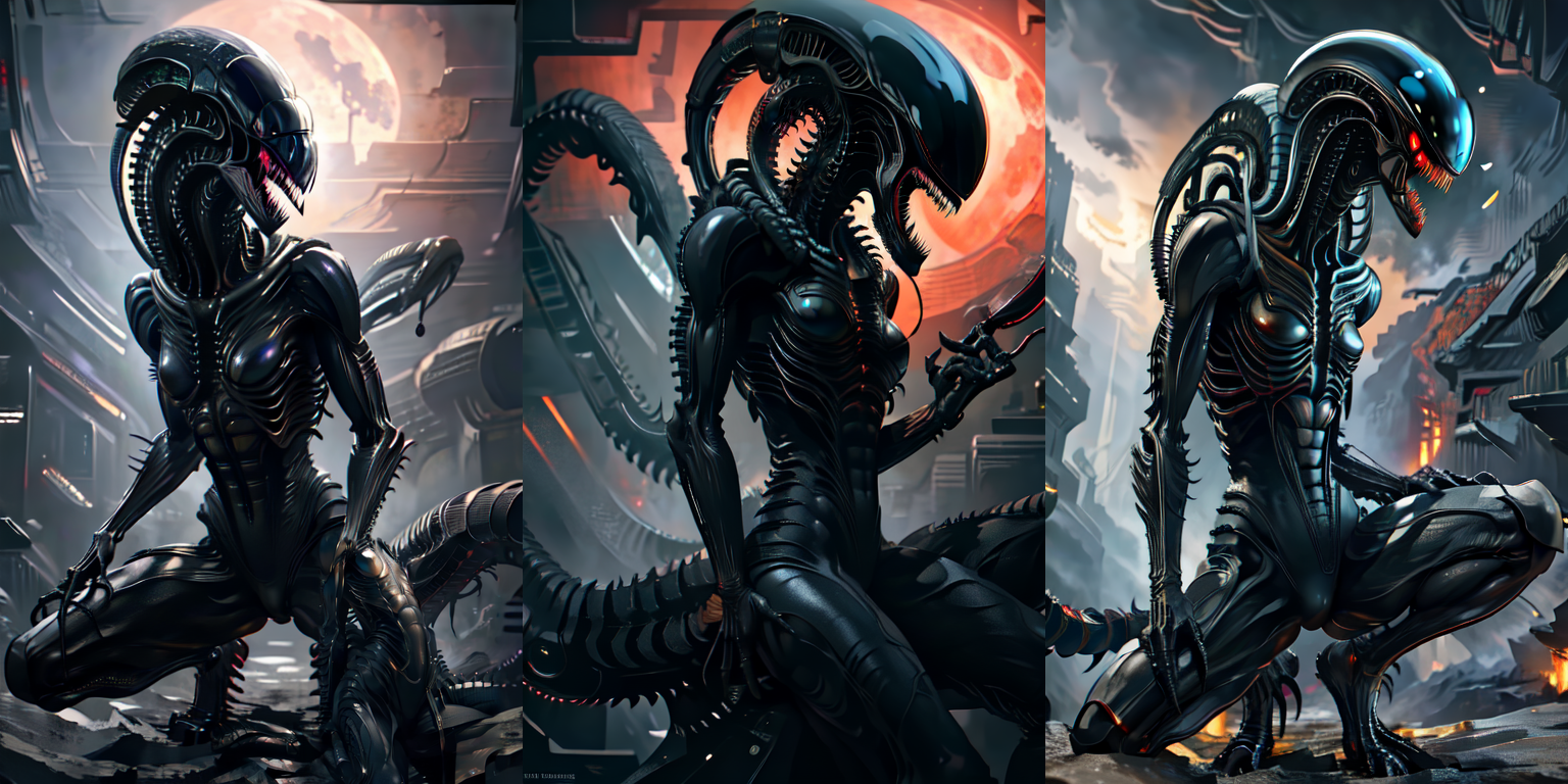 (otherworldly), highly insanely detailed, masterpiece, top quality, best quality, highres, 4k, 8k, RAW photo, (very aesthetic, beautiful and aesthetic), 
__lazy-wildcards/cosplay-char/alien-predator/xenomorph/prompts__, 
<lora:FemXeno:0.8>, 
(1girl:1.3), eyes focus, 
__lazy-wildcards/dataset/background__,âââ