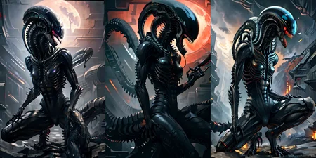 (otherworldly), highly insanely detailed, masterpiece, top quality, best quality, highres, 4k, 8k, RAW photo, (very aesthetic, beautiful and aesthetic), 
__lazy-wildcards/cosplay-char/alien-predator/xenomorph/prompts__, 
<lora:FemXeno:0.8>, 
(1girl:1.3), eyes focus, 
__lazy-wildcards/dataset/background__,âââ