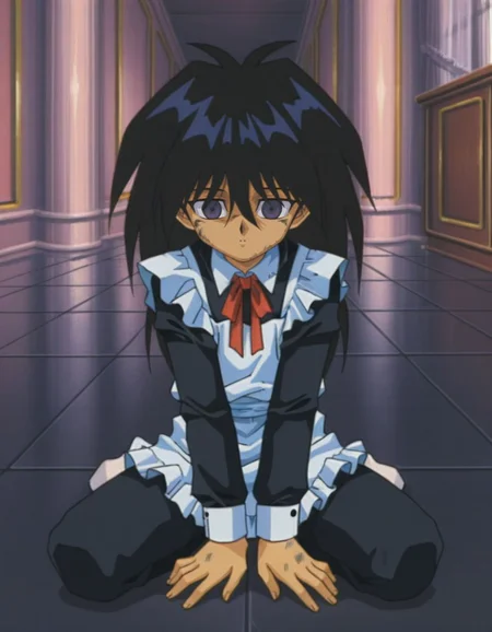 masterpiece, best quality, male focus, looking ahead, bedroom, (maid:1.2), solo,dirty, on ground,
<lora:Mind_Controlled_Mokuba_1:0.9>, m0ku, 1boy, black hair, long hair, purple eyes, retro artsyle, 1990s (style), hair between eyes, male child, empty eyes,
