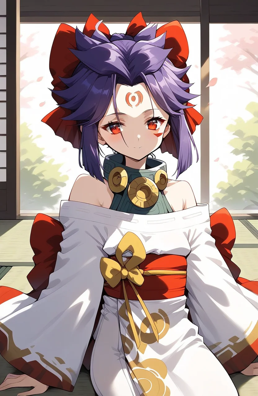 score_9, score_8_up, score_7_up, source_anime, rating_explicit, BREAK <lora:kakurine_Ver2.1_XL:1> kakurine, facial mark, forehead mark, red eyes, purple hair, short hair, sidelocks, hair bow, collar,
bare shoulders, japanese clothes, long sleeves, white kimono, Yellow swirl print,
tatami, room, candle, Japanese,