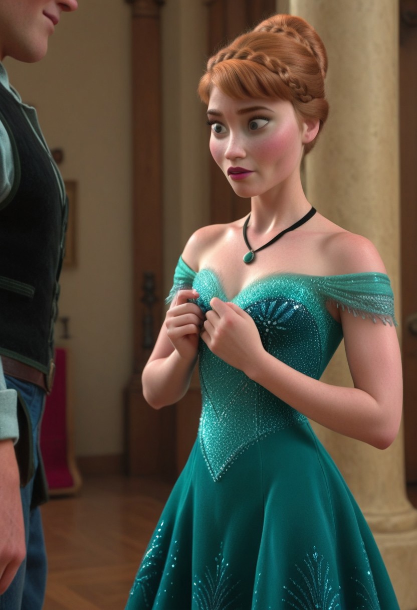 Masterpiece, best quality, amazing quality, absurdres, highly detailed, very aesthetic, 1girl, annafr0zen, anna (frozen), braid, single hair bun,short hair, orange hair, blue eyes, makeup, dark green dress,two-tone dress, light green skirt, bare shoulders, necklace,