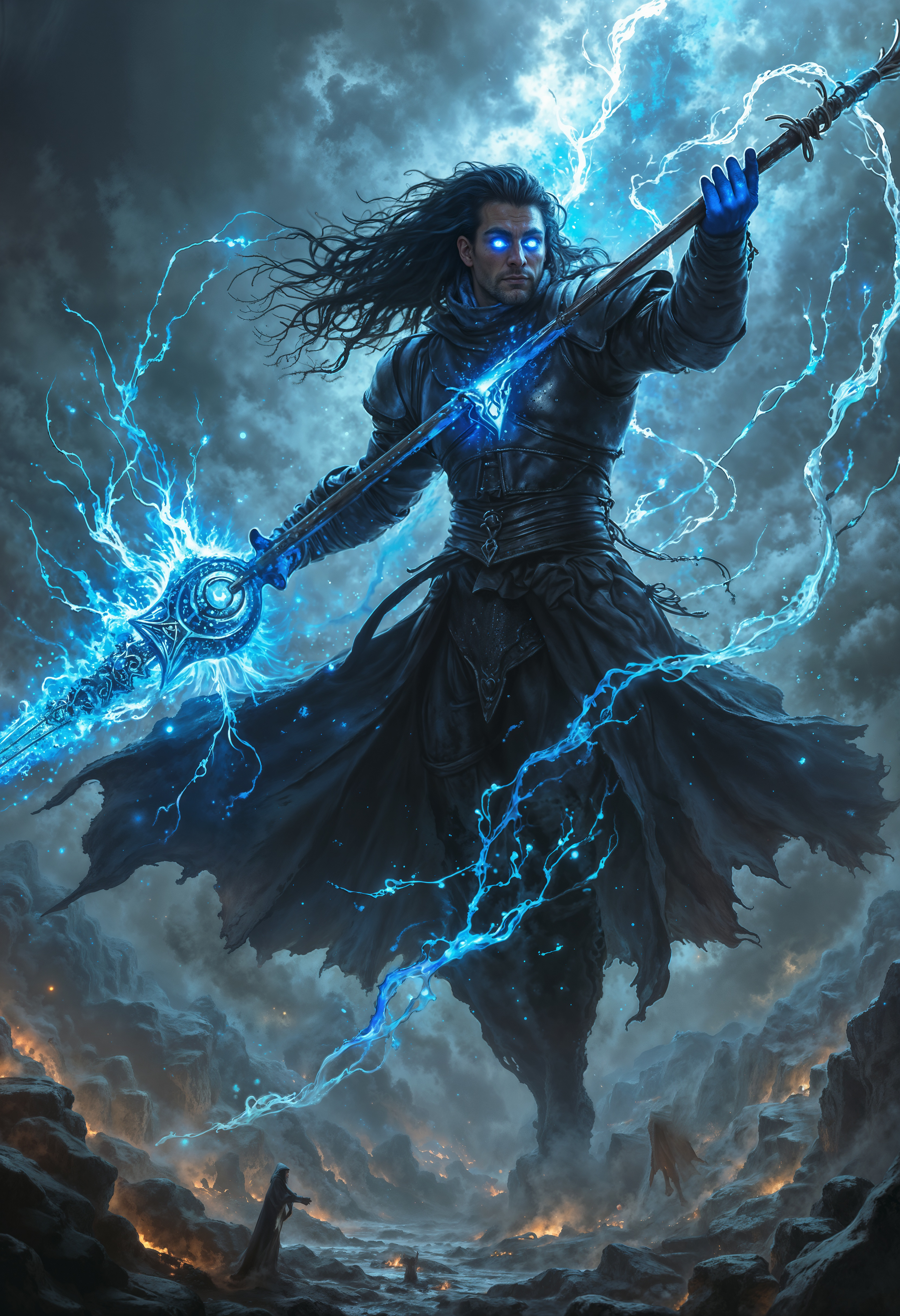 A powerful and dynamic image of Kaladin Stormblessed, captured mid-battle, his Stormlight-infused figure glowing with a radiant, otherworldly light. He has long, wild black hair flowing in the wind, and his piercing blue eyes shine fiercely with determination and Stormlight. Kaladin wears his iconic dark, worn leather armor, accented with faint glyphs that softly glow. In his hands, he wields a gleaming spear, its intricate, ethereal design capturing both elegance and lethal power. The scene is set in a stormy, war-torn battlefield, with swirling winds and faint streaks of lightning illuminating the sky. Kaladin is poised in an aerial stance, floating just above the ground, as Stormlight wisps trail from his body, adding to his commanding presence. The atmosphere is charged with tension and power, capturing the heroism, inner struggle, and resilience of Kaladin as he fights against overwhelming odds. The lighting is dramatic, with bright, contrasting highlights that emphasize his glowing figure against the stormy backdrop, embodying the essence of a true Windrunner.