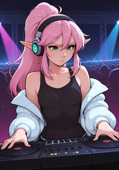 masterpiece, best quality, amazing quality, very aesthetic, absurdres, 5p4rr0w, artist style, 1girl, sexy, elf dj, green eyes, elegant hairstyle, long hair, pink hair, long hair, small breasts, tank top, headphones, detailed face, lineless, incoth, (incase:0.6), black tank top, white puff jacket, headphones, concentrating, turntable, sound board, massive speakers, colorful light show, smoke, sound equipment, dj on stage, rave, indoors, crowd below in background,