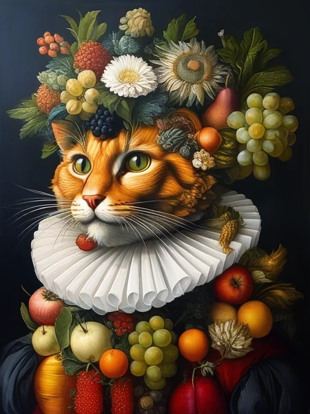 masterpiece,best quality,oil painting,illustration,cat,style of Giuseppe Arcimboldo,fruits,vegetables,flowers,fish and books,<lora:tbh108-sdxl:0.9>,