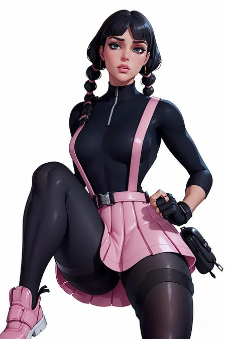 <lora:VRAMsChicPink:0.5> vramschic, 1girl, bangs, bodysuit, pink skirt, blunt bangs, twin braids, black hair, photoshoot, makeup, white background, simple background, fingerless gloves, suspenders, pantyhose, pouch, knee