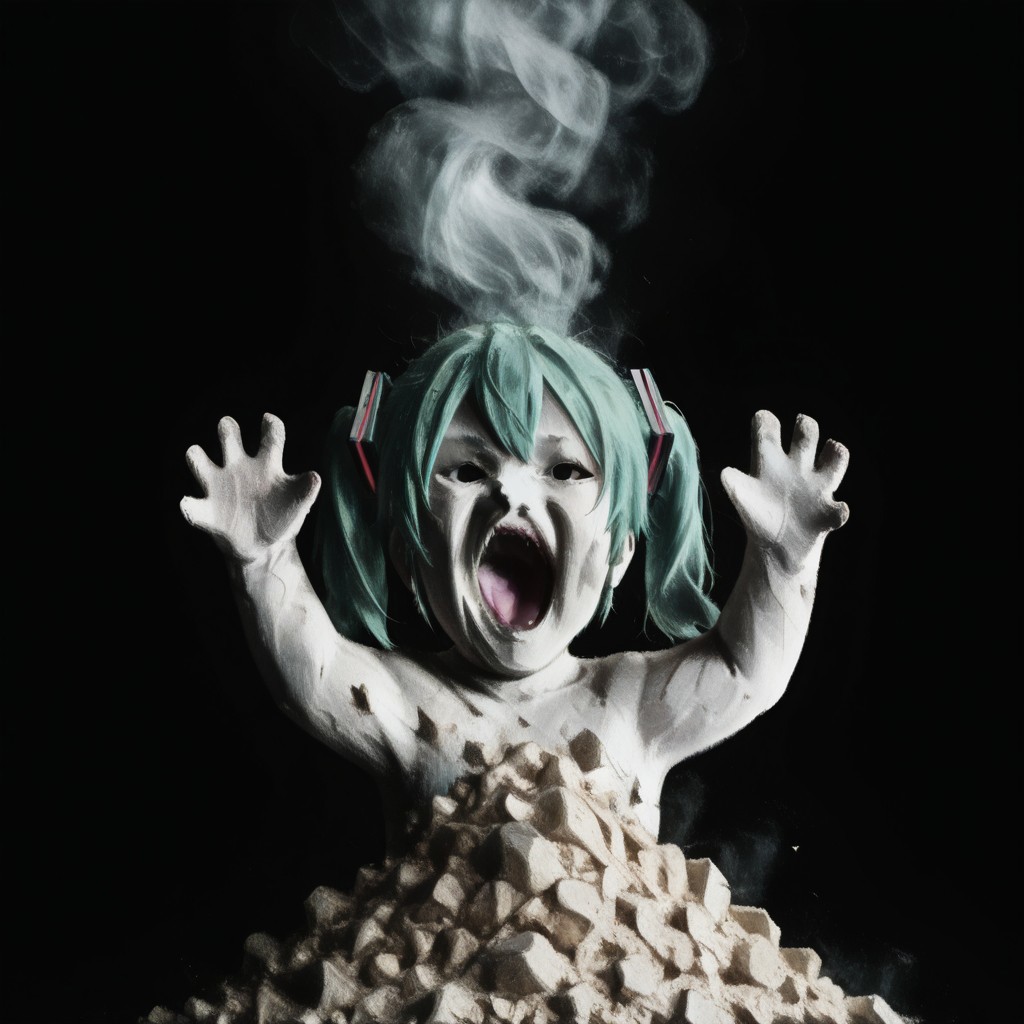 1girl, hatsune miku, green hair, twintails, ashbaby, white skin, black eyes, open mouth, looking at viewer, hands up, arms up, black background, dark background, upper body, rock, smoke,