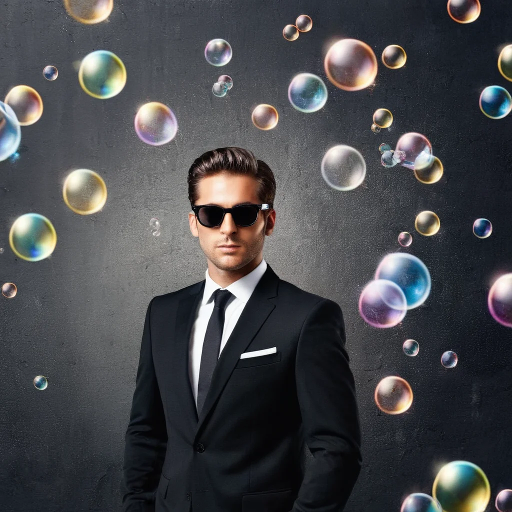 Advertising poster style, <lora:Advertising:1.5>
A creative photo of a man in a black suit and sunglasses standing in front of a wall with bubbles advertising style, Professional, modern, product-focused, commercial, eye-catching, highly detailed