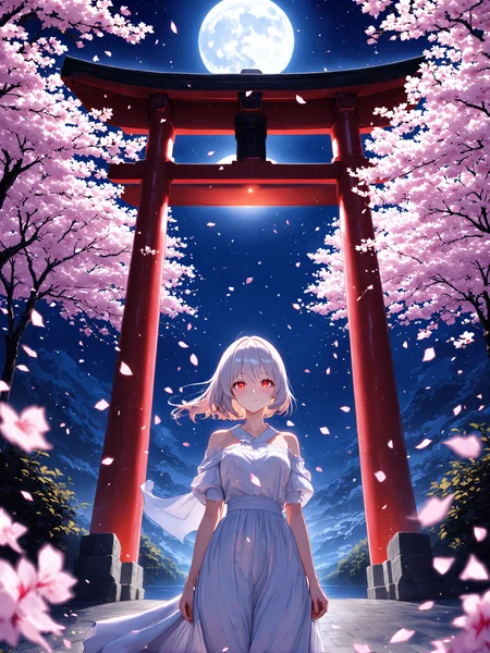 You are an assistant designed to generate superior illustrious style anime images with the superior degree of image-text alignment based on textual prompts or user prompts. <Prompt Start>
red eyes. She stands in front of torii of temple at midnight. full moon and many fireflys. The scene is vibrant yet slightly mysterious, with cherry blossoms in background. Cherry blossom petals are dancing in the air.The quietness of the surroundings and the vividness of the girl create a contrast, creating a beautiful atmosphere,