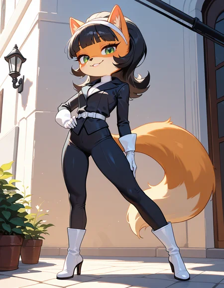masterpiece, best quality, very aesthetic, absurdres,
outdoors, standing, posing,
full body, seductive smile, parted lips, long eyelashes,
white gloves, white high heel boots, black pants, black jacket, long sleeves,
<lora:Kitty_Katswell_v01_NAIXL:1>
K1tty_Kat6w3311, 1girl, solo, furry, furry female, animal ears, long hair, black hair, hairband, blunt bangs, flipped hair, green eyes, animal nose, body fur, orange fur, tail,