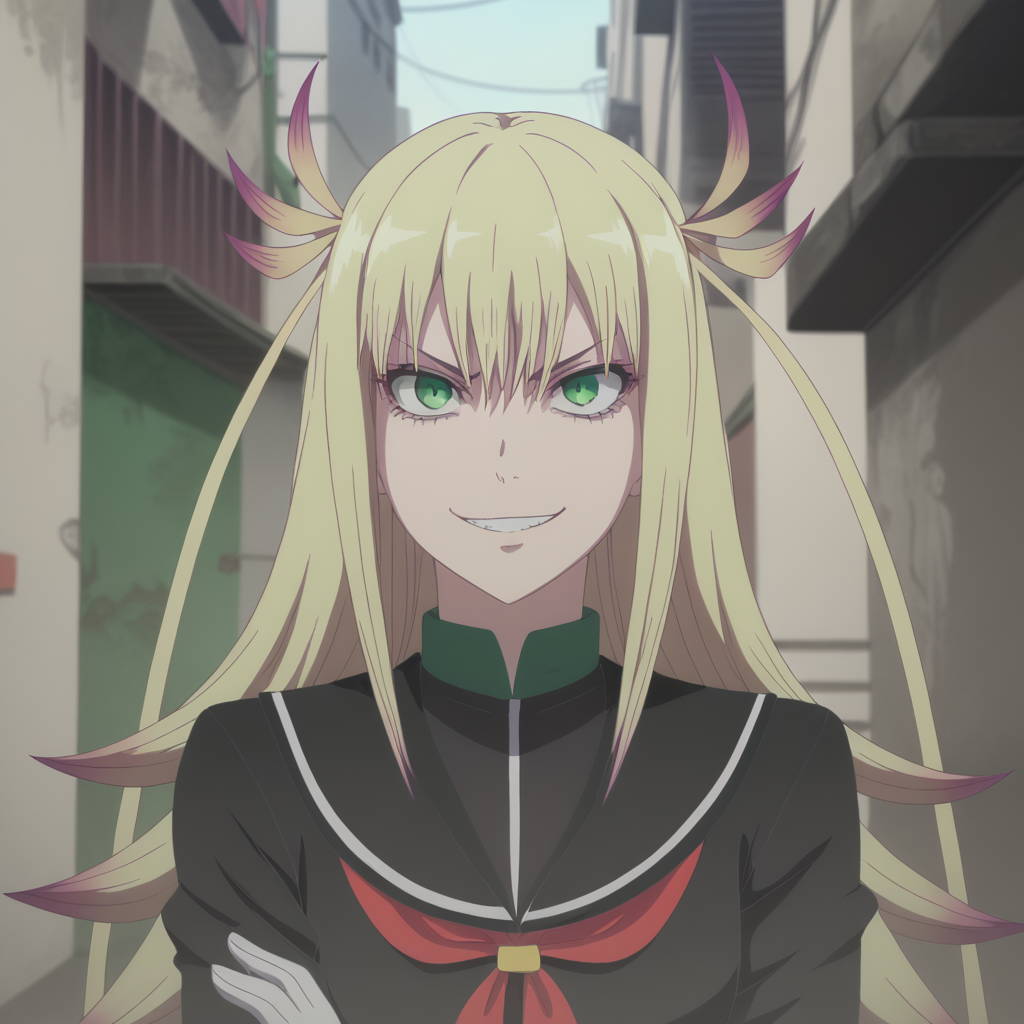 <lora:SlimesKanonIsui:1>, slimes_kanonisui, woman, solo, green eyes, alley background, evil smirk
