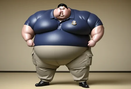 <lora:runga8:0.9>male focus, 1boy, superchub, big belly, sumo, solo, standing, thick arms, full body, fat, black hair, fat man,obese,fattest,(navy polo shirt:2.5),(cargo pants:3.5)