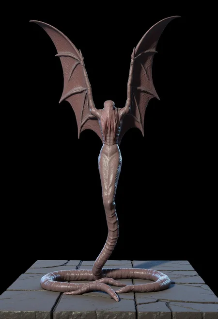 a larval worm with bat wings and a elongated worm shape
Standing on a flat ground the camera angle is high rotated
Set against a solid dark black color background to emphasize its unnatural form that emphasizes its silhouette. The medium is not a traditional painting or illustrative medium like watercolor or ink but rather a digital 3D rendering.
MikeFranchinastyle, bbstyle,, horror theme,, ZBClay model of a gray sculpture, zbrush, d4arks0uls, overcast lighting, jedioutfit