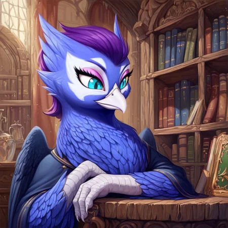 masterpiece, score_9_up, score_8_up, score_7_up, score_6_up, (best quality:1.1), ultra-detailed, high resolution, solo, Anna de Indigo, griffon, avian, female, indigo purple mane, (beautiful detailed turquoise eyes), long eyelashes, eyeshadow, white beak, blue indigo feathers, royal clothes, black indoors, medieval, home, wooden table, rich decor, sitting, leaning on table, bookshelf, throne, books, inkwell, three quarter view, looking down, detailed facial features, expressiveh, highly visible, sharp focus, anatomically correct, detailed background