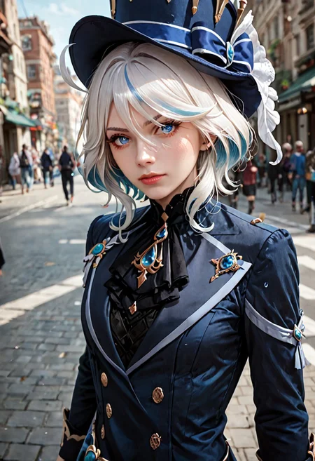 score_9_up, score_8_up, score_7_up, Realistic, Photographic, perfectly detailed, detailed face, detailed background, 1girl, complete clothes, BREAK,
Furina \(Genshin Impact\), Furina black Clothes, hat, white hair, multicolor hair, French Street, dutch angle shot