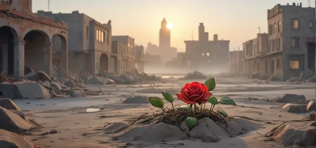 a beautiful single red rose sprouting in the middle of a deserted destroyed city covered in debris and sand, dawndrops, dawn, subtle sunlight, fog, nature, realism, hyperrealism, fine details, Traditional Cartoon, rounded shapes, soft shading, basic textures, nostalgic feel