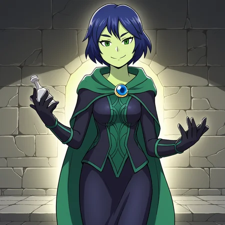score_9, score_8_up, score_7_up, score_6_up, score_5_up, score_4_up, zPDXL2,source_anime,rating_questionable, 1girl, looking at viewer, smile, cowboy shot, indoors, stone walls, dark, dungeon, alchemy, potions, <lora:Mona_-_Shovel_Knight:0.8> mona_shovelknight, green skin, short hair, blue hair, green eyes, cape, black gloves, black dress